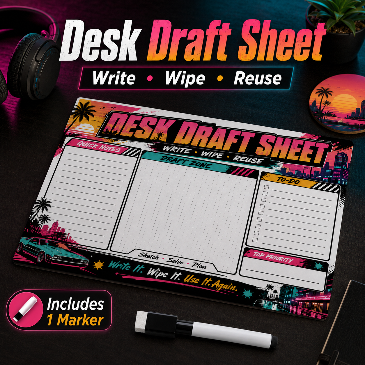 Whiteboard Marker Set - Retro Neon Reusable Dry Erase Desk