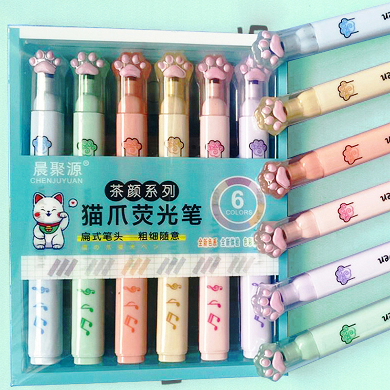 Highlighter Set Pastel - 6Pcs/Set Kawaii Cat paw Fluorescent Highlighter
