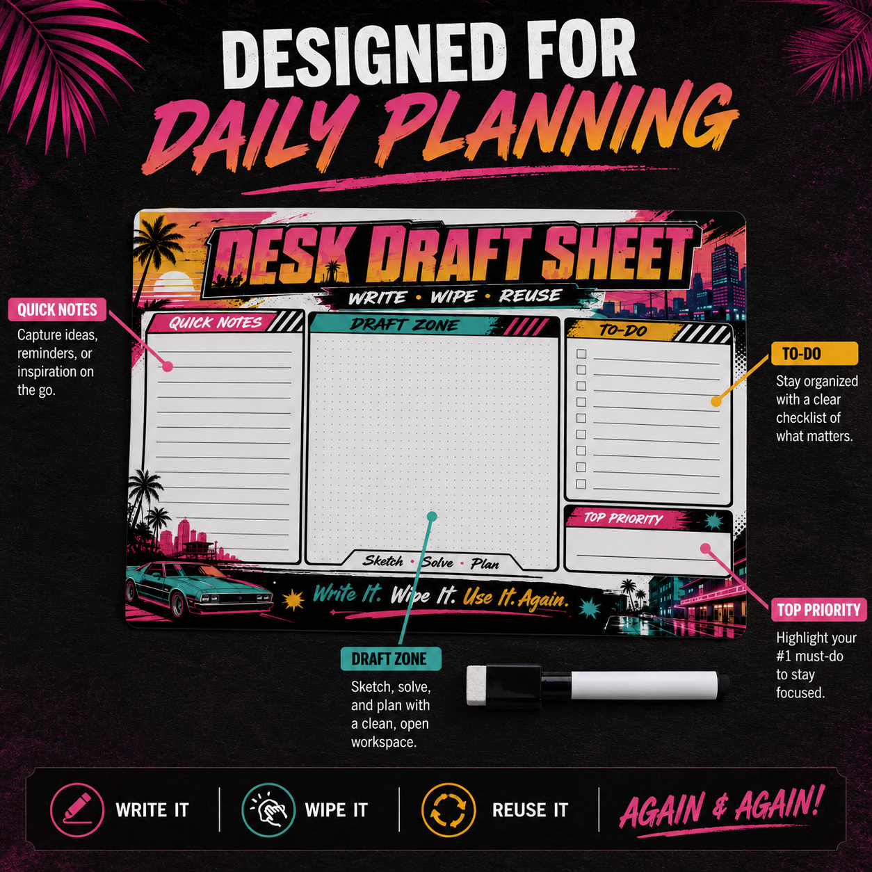 Retro Neon Reusable Dry Erase  - Whiteboard Marker Set 리뷰 및 가격