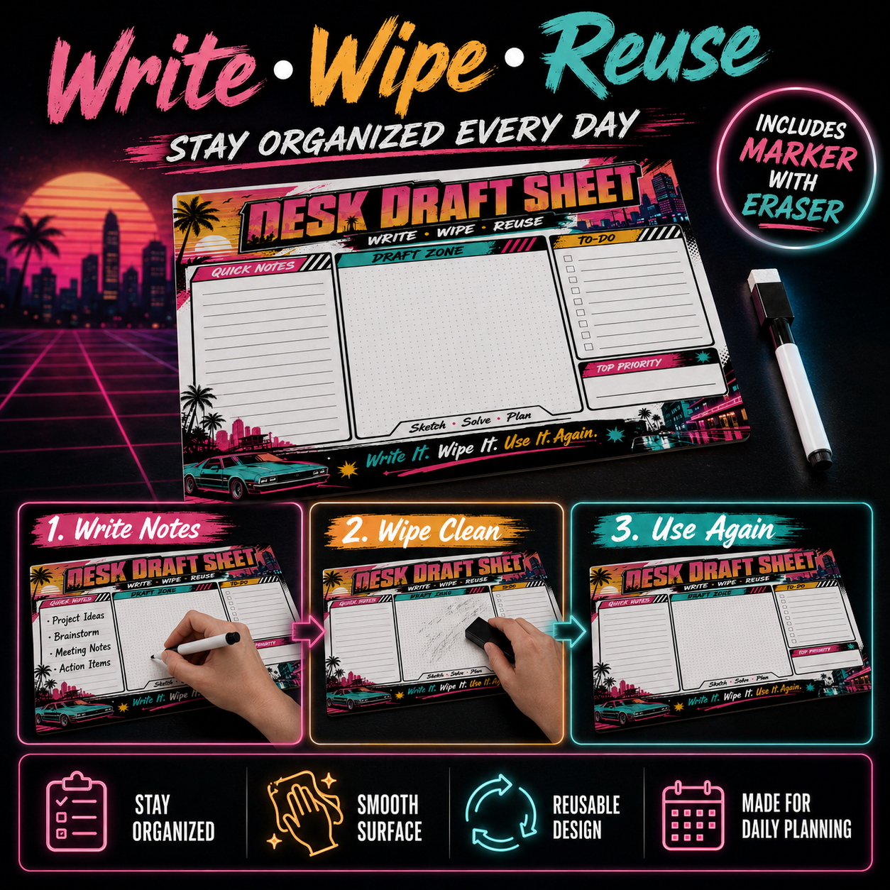 Retro Neon Reusable Dry Erase  - Whiteboard Marker Set 리뷰 및 가격